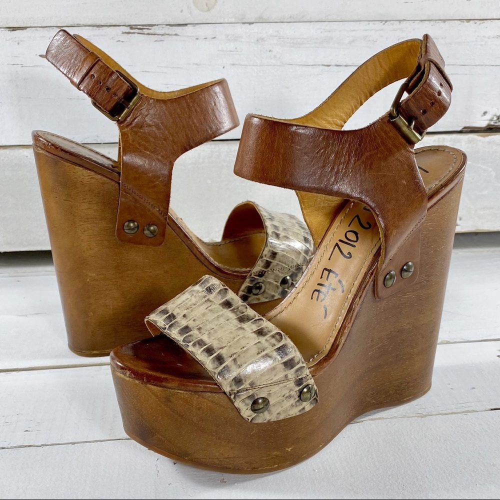 Lanvin Wooden & Snakeskin Leather Wedge Heels